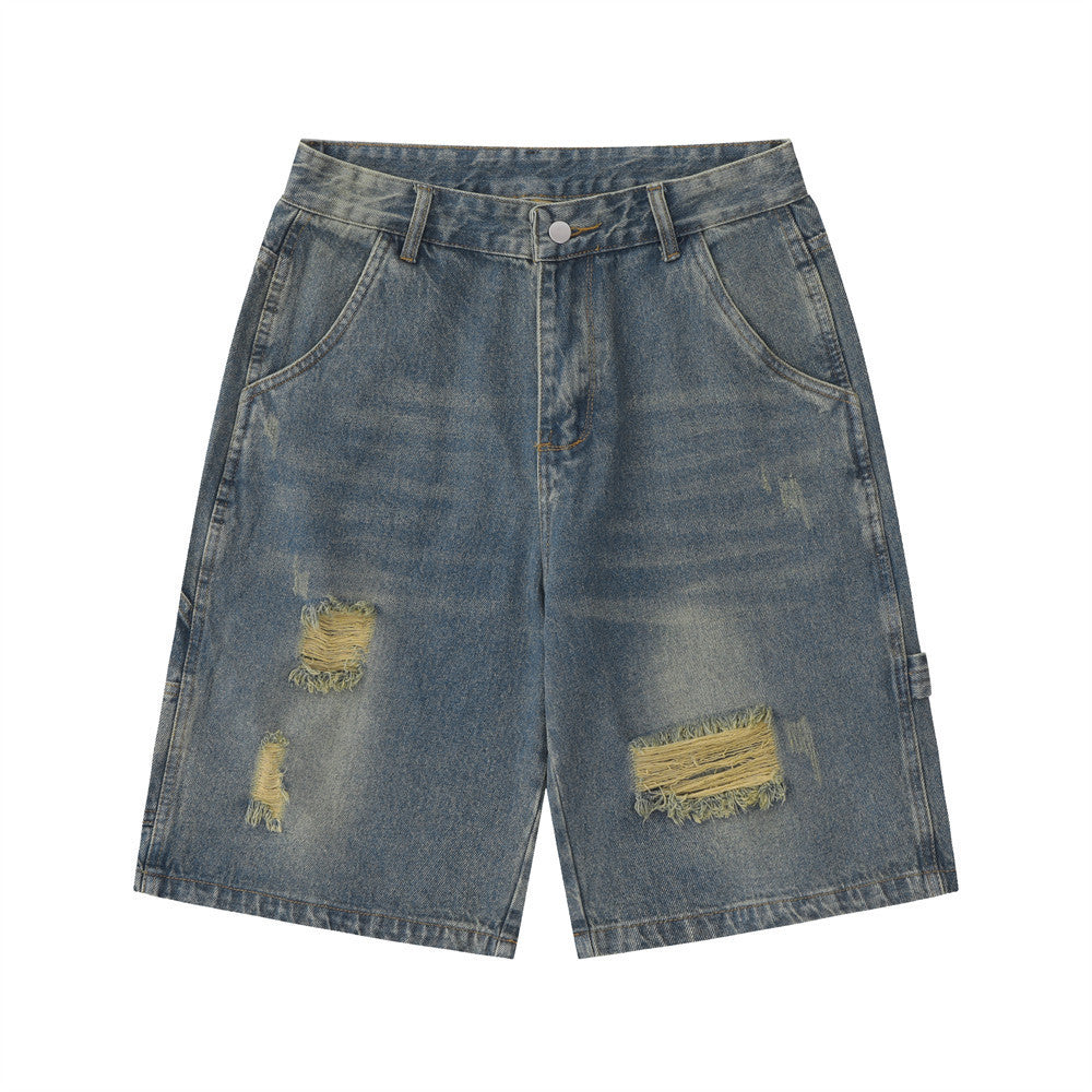 Water Washed Hole Denim Shorts For Men