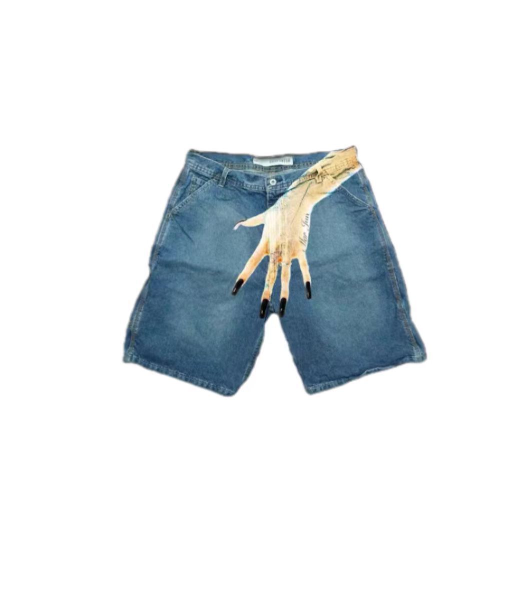 Hip Hop Trend Pattern Printed Denim Shorts Men