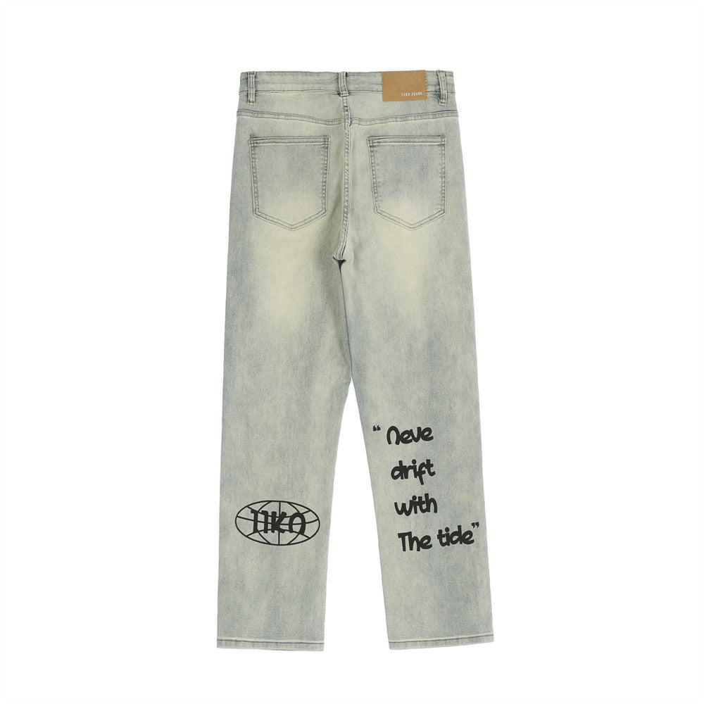 Printed Washed Worn Jeans Men