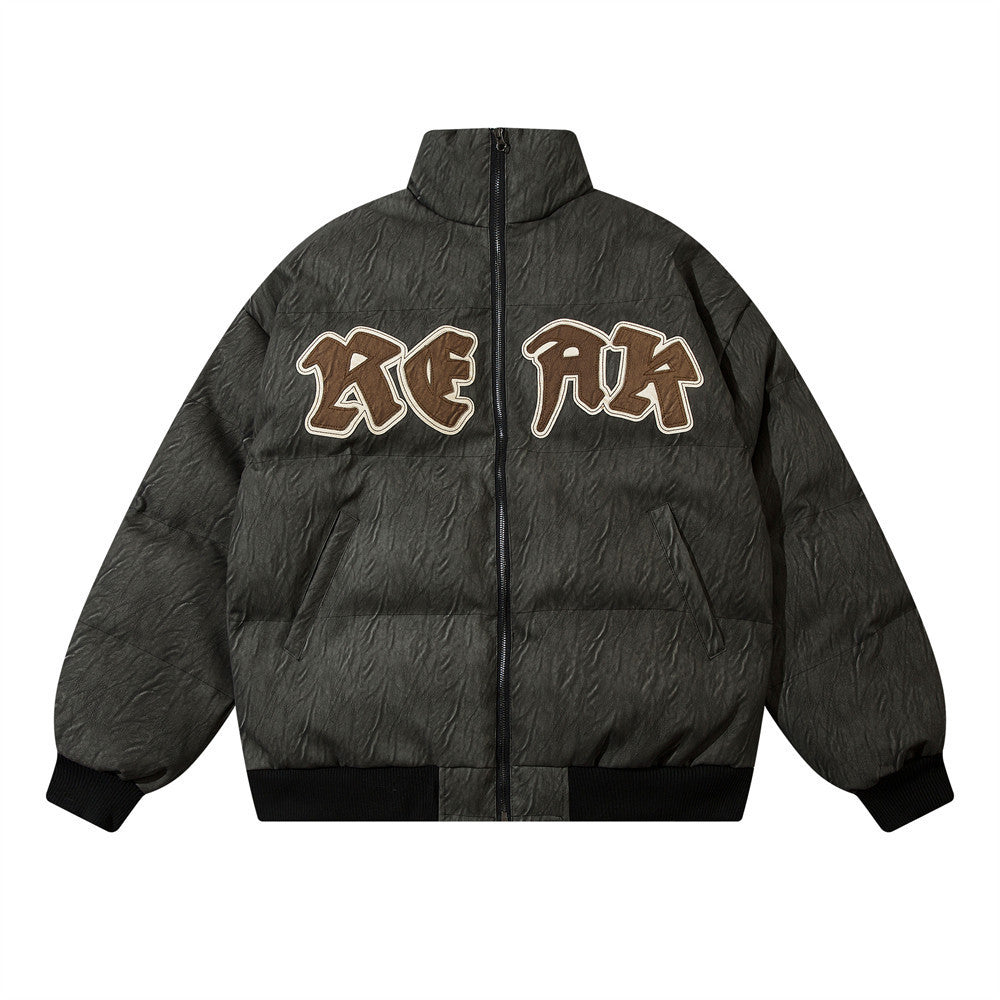 Letter Patch Embroidered Leather Coat For Men