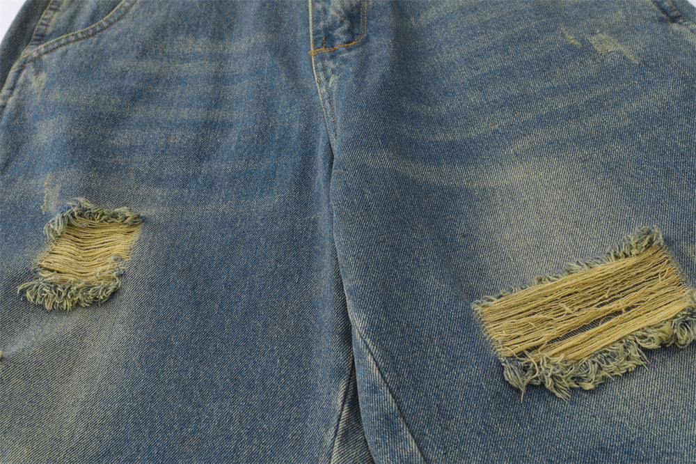 Water Washed Hole Denim Shorts For Men