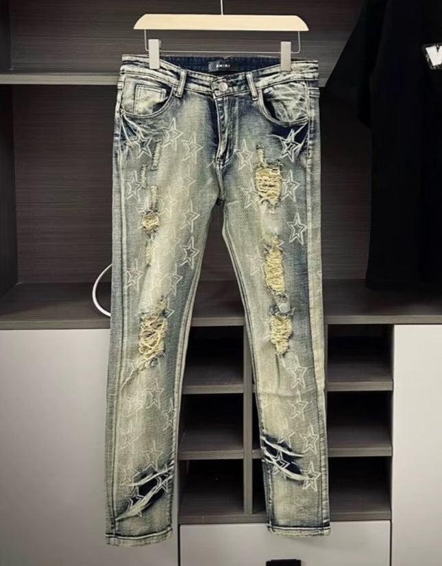 Punk Retro Blue Ripped Slim Elastic Printing Printing And Dyeing Feet Men's Jeans