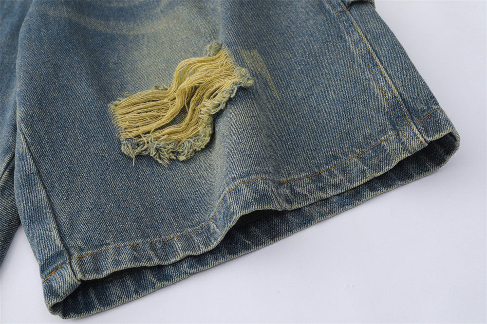 Water Washed Hole Denim Shorts For Men