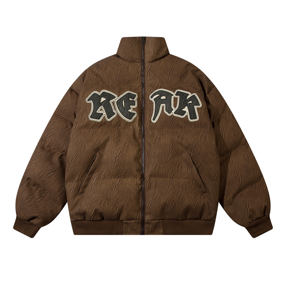 Letter Patch Embroidered Leather Coat For Men