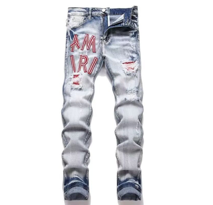 Punk Retro Blue Ripped Slim Elastic Printing Printing And Dyeing Feet Men's Jeans