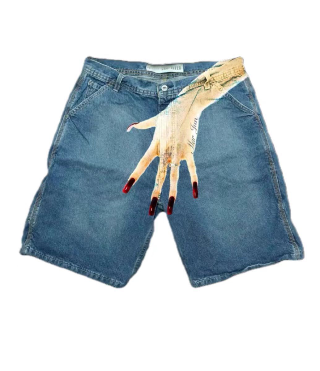 Hip Hop Trend Pattern Printed Denim Shorts Men