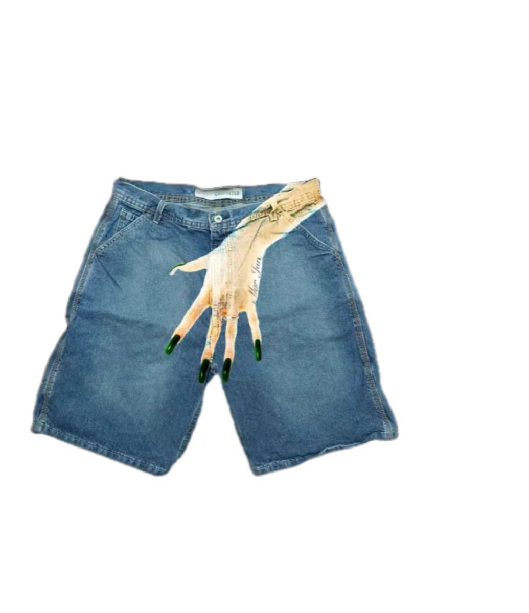 Hip Hop Trend Pattern Printed Denim Shorts Men