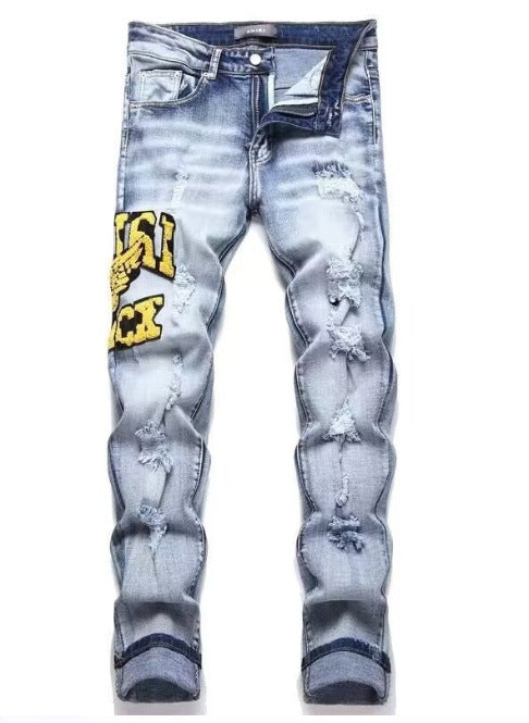 Punk Retro Blue Ripped Slim Elastic Printing Printing And Dyeing Feet Men's Jeans