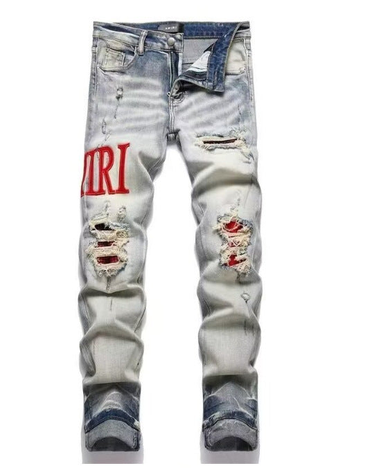 Punk Retro Blue Ripped Slim Elastic Printing Printing And Dyeing Feet Men's Jeans