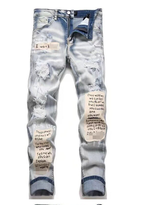 Punk Retro Blue Ripped Slim Elastic Printing Printing And Dyeing Feet Men's Jeans