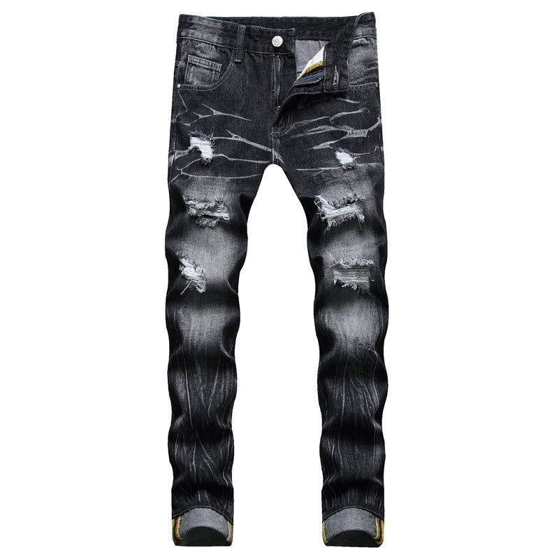 Jeans Men's Street Cool Decorative Flower Ripped Straight Four Seasons