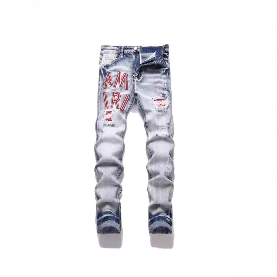 Punk Retro Blue Ripped Slim Elastic Printing Printing And Dyeing Feet Men's Jeans