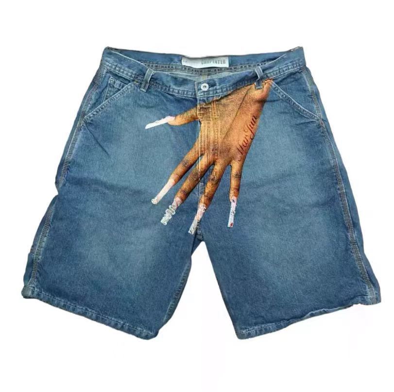 Hip Hop Trend Pattern Printed Denim Shorts Men