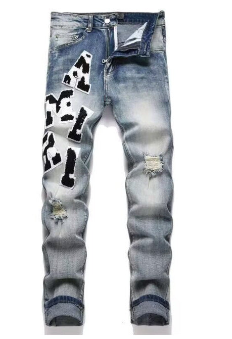 Punk Retro Blue Ripped Slim Elastic Printing Printing And Dyeing Feet Men's Jeans