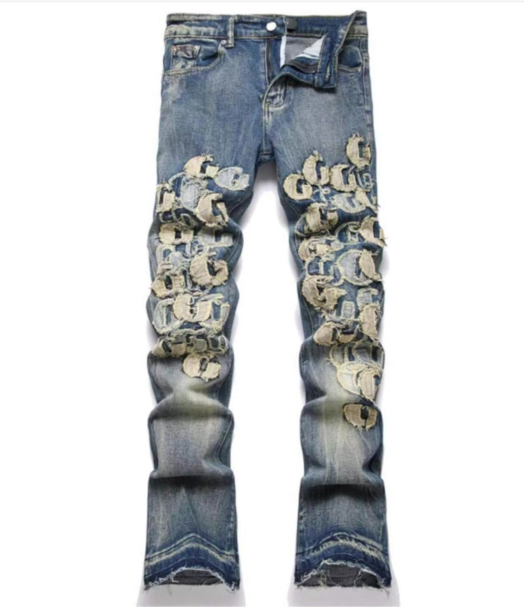 Punk Retro Blue Ripped Slim Elastic Printing Printing And Dyeing Feet Men's Jeans